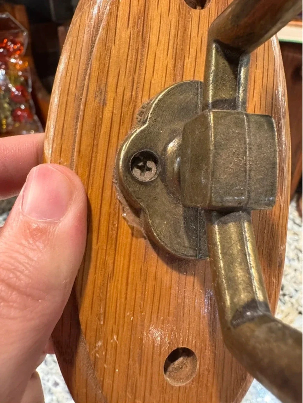 Vintage porcelain and oak wall hook